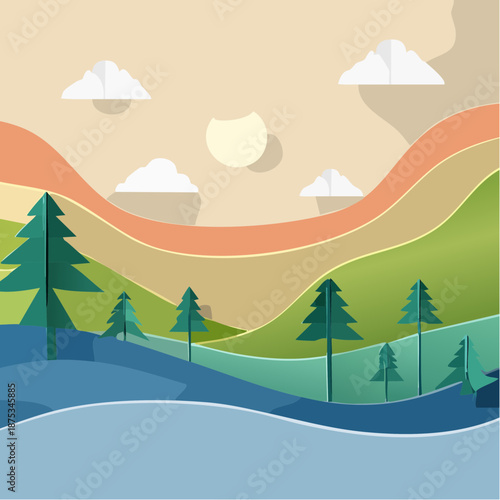 Layered landscape with trees and hills under a cloudy sky, abstract background with soft shadows and modern corporate style