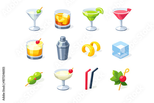 Isometric Cocktail Icons. Classic Cocktails set in isometric flat vector : martini glass, old fashioned, margarita, cosmopolitan, whiskey sour, cocktail shaker,