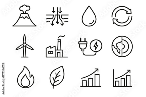 Geothermal Energy Icons. Renewable Geothermalset in outline vector style volcano, heat source, water droplet, recycling arrows, turbine, factory, cable, energy symbol, earth core, flame, leaf, chart