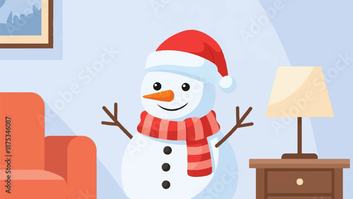 Cheerful snowman with Santa hat and scarf indoors beside a couch and nightstand