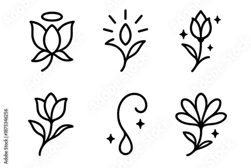Otherworldly Floral Icons. Otherworld Blossoms set in outline vector style : ethereal petal, drifting glow, curved vine, radiant droplet, celestial bud, airy bloom