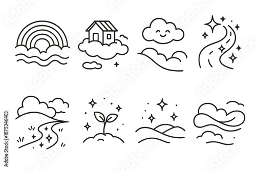Whimsical Dreamscape Icons. Whimsical Dream Landscapes set in outline vector style: rainbow mist, tiny floating house, playful cloud, bright star path, curved