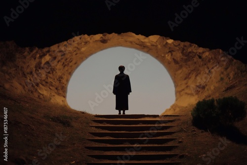 A lone figure stands on stone steps beneath a rocky arch, backlit by a warm horizon for a mysterious cinematic mood.