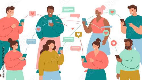 Diverse Group Using Mobile Phones for Social Media and Digital Networking. Flat Vector Illustration of Online Community, Messaging, and Connection.