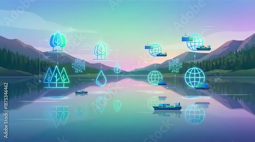 Ecology Icons Lake Landscape, Sustainable Technology