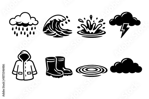 Storm Icons Compilation. Heavy rainset in outline vector style storm cloud, flood wave, splash icon, raincoat, boots, thunderbolt, water ripple, dark cloud