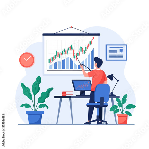 Man Presenting Stock Market Growth Chart on Whiteboard in Office