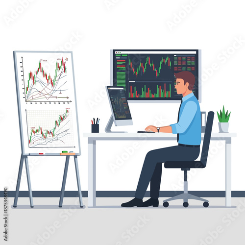 Trader working on computer with stock market charts on monitors and whiteboard