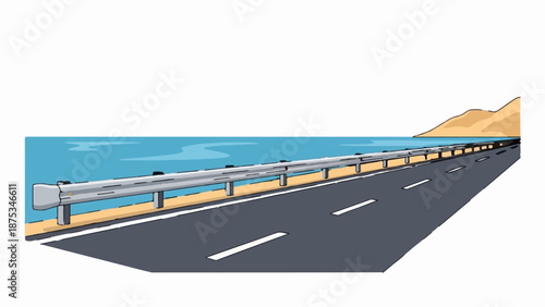 Coastal highway with guardrail, ocean, and sandy hills