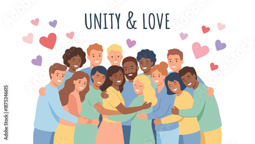 Unity and Love: Diverse Group Hug with Multiracial People Smiling, Celebrating Inclusion and Friendship, Flat Vector Illustration