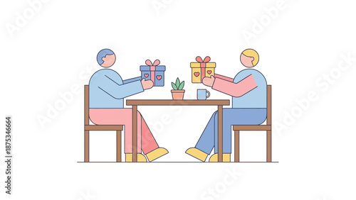 Minimalist Illustration of Two People Exchanging Gifts at a Table. Flat Line Art Vector of Friends Giving Presents, Symbolizing Celebration, Friendship, and Appreciation.