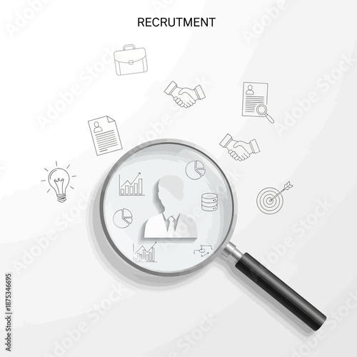 Recruitment process with magnifying glass, hr, hiring, job search, business concept