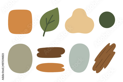 Earthy Minimalistic Icons. Earthy Tones vector set in modern flat style : warm clay patch, moss green leaf, soft sand blob, deep forest hue dot, muted stone