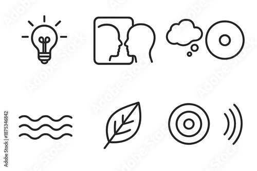 Mindful Awareness Icons. Mindful Awareness set in outline vector style: insight spark, reflective mirror, thought cloud, centered dot, wave of attention,