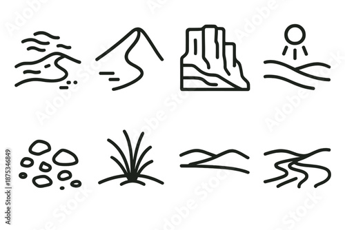 Desert Icon Simplicity. Desert Wilderness set in outline vector style: drifting sand, tall dune crest, desert canyon wall, scattered stones, sparse grass tuft, sun trail, wide horizon, dry riverbed