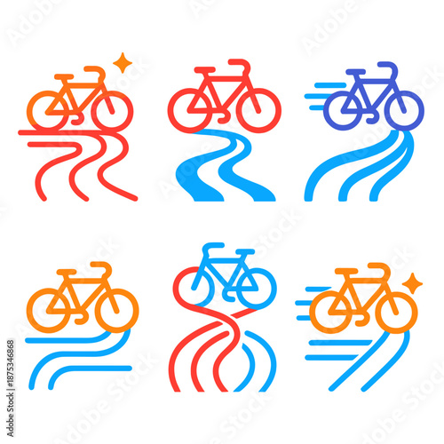 Twin Bikes Motion. Twin Bikes Dual Motion vector set in modern flat style : paired wheel dots, twin route curves, mirrored pedal arcs, parallel speed streaks, dual path lines, synced motion spark