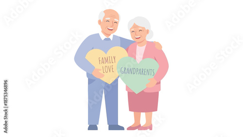 Happy Grandparents Hugging and Holding Hearts with Family Love Text. Senior Couple Vector Illustration representing Elderly Care and Relationship.