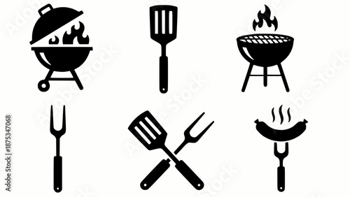 BBQ grill icon set. Barbecue, bar-b-q, spatula, grill fork, picnic, fire - stock vector. stock illustration