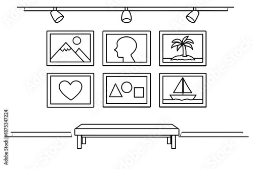 Minimalist Art Gallery. Art gallery spaceset in outline vector style framed artwork, gallery wall, spotlight lamp, exhibition room, bench seating, clean floor