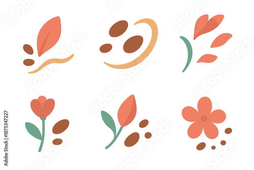 Floral Cocoa Icons. Botanic GestureCocoa Gift Petal Cocoa Scatter vector set in modern flat style : scattered blossom piece, cocoa fleck, soft drift swirl, budding shard, breeze arc, gentle bloom spot