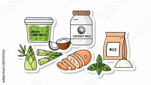 Collection of ingredients for a meal curry paste, coconut milk, bamboo shoots, sliced root vegetable, basil, and rice