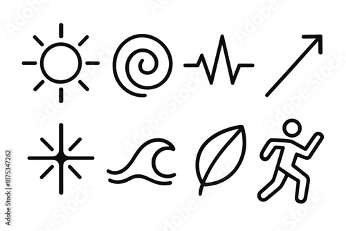 Dynamic Life Icons. Vitality set in outline vector style: radiant sun, energetic swirl, heartbeat line, uplift arrow, lively spark, flowing wave, fresh leaf, active figure