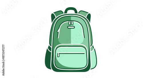 Flat design illustration of a green school backpack with a front pocket and shoulder straps on a white background.