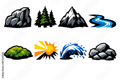 Brutalist Mountain Icon Set. Mountain waterfall icon set in silhouette bold style. Contain rocky cliff, pine trees, mountain peak, stream curve, moss patch, sunbeam, spray arc, boulder cluster