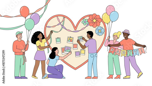 Diverse Group Decorating Party Space: Friends Hanging Photos on Heart-Shaped Mood Board with Balloons and Banner