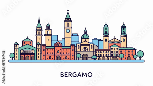 Colorful cartoon skyline of historic Italian city buildings with towers and domes