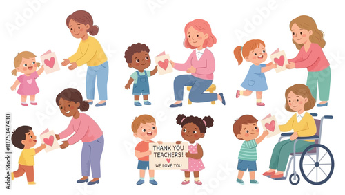 Teacher Appreciation Day: Diverse Children Give Thank You Cards and Gifts to Female Educators, Including an Inclusive Teacher in a Wheelchair.