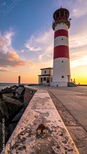Striking red and white striped lighthouse on pier at dusk under dramatic sky, ocean view