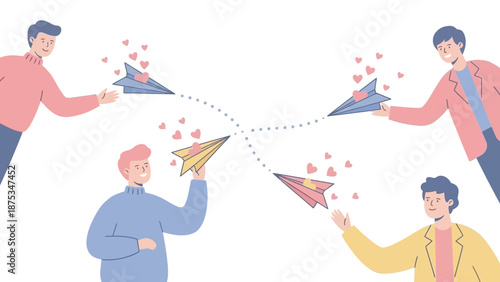 Digital Love Message Concept: Men Sending Paper Airplanes with Hearts. Social Media Connection and Relationship Network Flat Illustration.