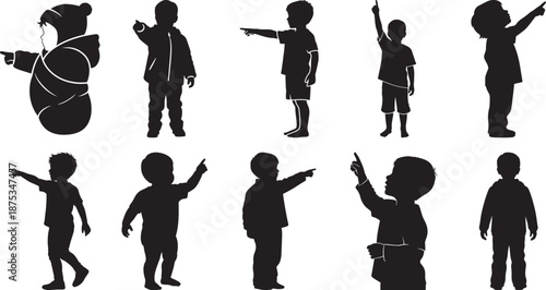 A collection of diverse child silhouettes illustrating various pointing and looking gestures