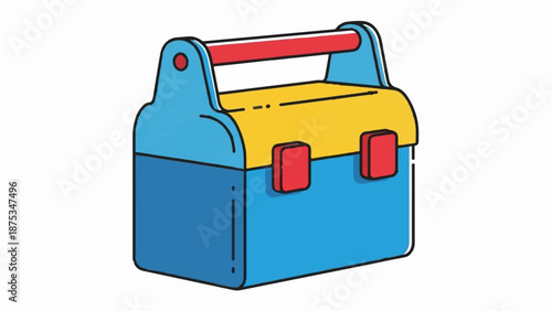 Colorful, cartoonish toolbox with red handle, yellow lid, and blue base