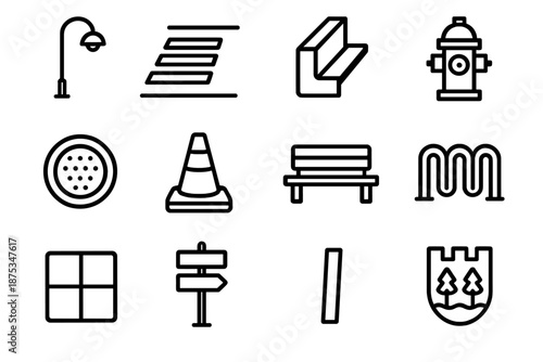 Urban Icon Elements. Street Elements set in outline vector style: streetlamp icon, crosswalk lines, curb edge, fire hydrant, manhole cover, traffic cone, bench
