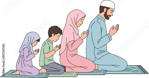 Muslim family praying together in a peaceful indoor setting emphasizing faith and spirituality