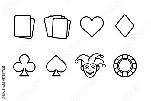 Playing Card Icons. Cardsset in outline vector style playing card, deck, heart, diamond, club, spade, joker, chip