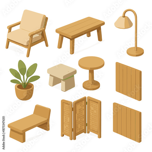 Isometric Furniture Icons. Natural Heat Furniture & Decor set in isometric flat vector : lounge chair, bench, side table, floor lamp, plant pot, stone bench, partition screen, wall panel