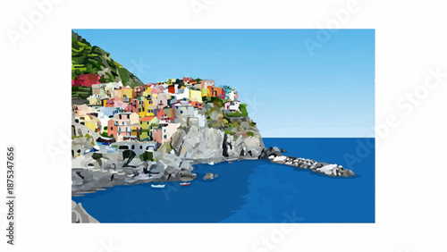 Colorful coastal village clings to a rocky cliff above blue ocean