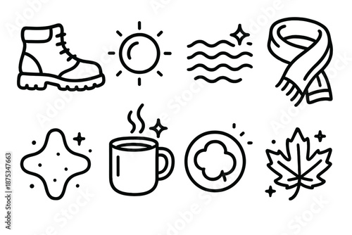 Cozy Hiking Icons. Relaxed Outing set in outline vector style : hiking boot arc, soft glow bead, gentle ripple puff, reflective contour, cozy sparkle dot, scarf
