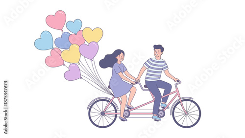 Happy young couple riding a tandem bicycle carrying a large bunch of pastel heart balloons. Valentine's Day romance vector illustration.