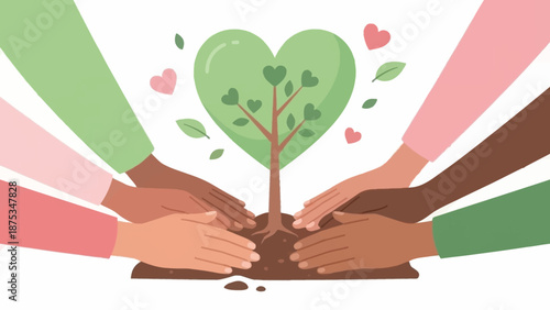 Diverse Hands Planting Heart Tree. Global Environmental Care, Teamwork, Sustainability, and Conservation Illustration.