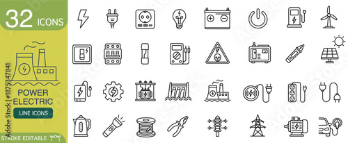 Power and electric icon set collection. Line vector symbols of energy, electricity, generator, station, battery, solar, and wind turbine for technology and industry design