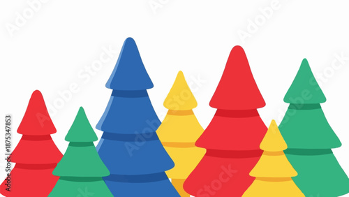 Colorful, stylized evergreen trees in a playful arrangement on a white background