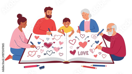 Multi-Generational Family Drawing Love and Hearts Together in a Book. Grandparents, Parents, and Child Bonding Activity Illustration.