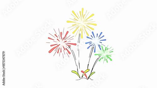 Colorful stylized fireworks explode with yellow, red, blue, and green bursts