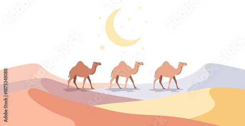 Minimalist Illustration of Camels Traveling Through Desert Under Moonlit Sky