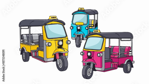 Colorful three-wheeled auto-rickshaws with canopies