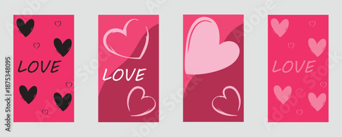 Happy Valentine's day love cover vector set. Red and pink romantic symbol with hearts. Love illustration for greeting card